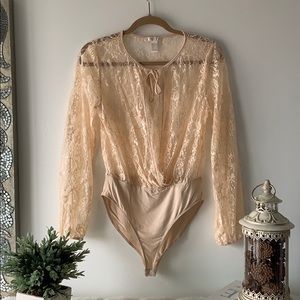 Blush color lace long sleeve bodysuit